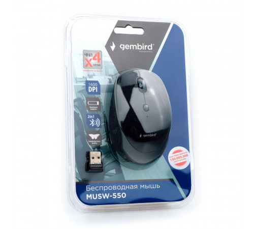 Мышь Gembird Мышь беспров. Gembird MUSW-550 1600 DPI, 6кн., 2.4ГГц + BT черная {60}