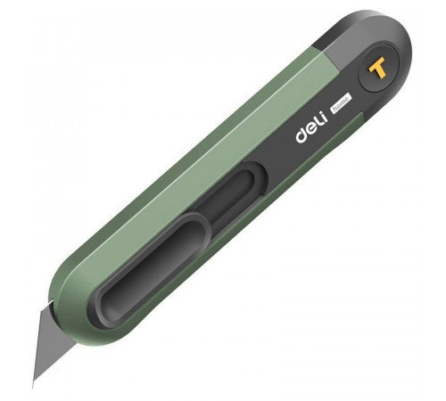 Технический нож "Home Series Green" Deli HT4008L  Т-образное лезвие с механизмом автоматического возврата, эксклюзивный дизайн, корпус из высококачественного софттач пластика