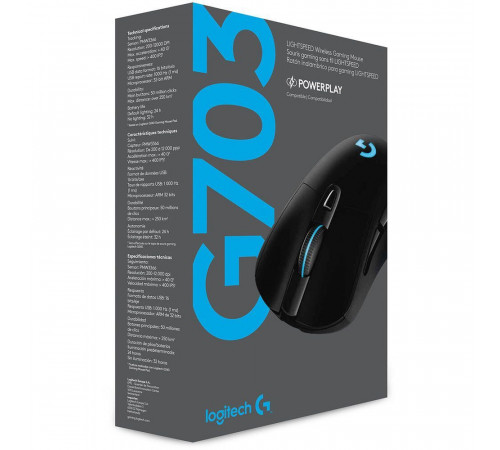 Мышь игровая Logitech G703 Lightspeed черная, сенсор 100-25600dpi (Hero25K), беспроводная 2.4GHz + USB 1,8м, 5 программируемых кнопок + колесо прокрутки, RGB-подсветка, под правую руку