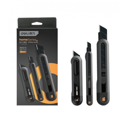 Набор технических ножей Bad Pack "Home Series Black" Deli HT4003 (ножи 9мм+18мм+Т-образный), эксклюзивный дизайн, корпус из высококачественного софттач пластика