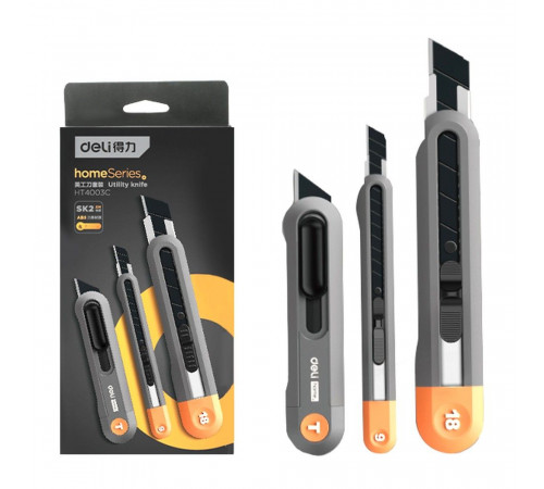 Набор технических ножей "Home Series Gray" Deli HT4003C (ножи 9мм+18мм+Т-образный), эксклюзивный дизайн, корпус из высококачественного софттач пластика