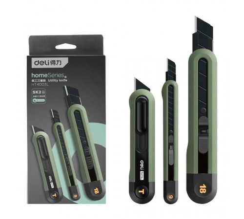 Набор технических ножей "Home Series Green" Deli HT4003L (ножи 9мм+18мм+Т-образный), эксклюзивный дизайн, корпус из высококачественного софттач пластика