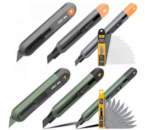 Набор технических ножей "Home Series Green" Deli HT4003L (ножи 9мм+18мм+Т-образный), эксклюзивный дизайн, корпус из высококачественного софттач пластика