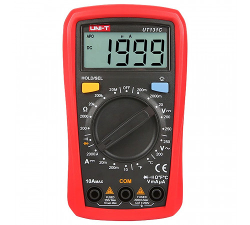 Цифровой мультиметр UNI-T UT131C Напряжение переменного/постоянного тока (250 В); постоянный ток (10А); Сопротивление (200 МОм); Температура (1000 С); Ручной диапазон