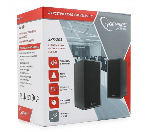 Акустич. система 2.0 Gembird SPK-203, МДФ, черный, 6 Вт, регулятор громкости, USB-питание