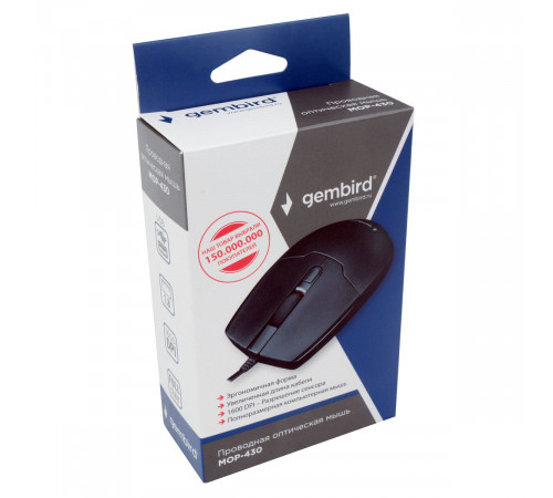 Мышь Gembird Bad Pack Мышь Gembird MOP-430, USB, черный, 3кн.+колесо-кнопка, 1600 DPI,  кабель 1.5 м