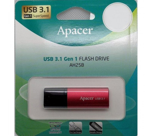 USB накопитель Apacer AH25B AP16GAH25BR-1 USB 3.1, 16GB Gen 1, Red/Black, Metal case, (916273) RTL