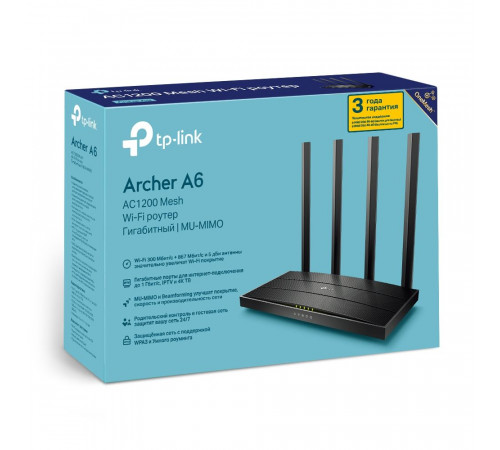 Маршрутизатор TP-LINK Archer A6 AC1350 MU-MIMO Wi-Fi гигабитный роутер (086169)