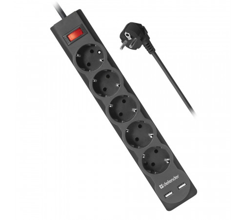 Сетевой фильтр DFS 753 3,0 м, 5 розеток, 2xUSB, 2.1A DEFENDER (997539)