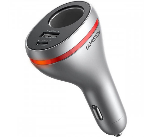 Автомобильное зарядное устройство UGREEN CD204 (60712) Car Charger With Dual USB  Ports Single Extension Socket (PD 20 W) с разъемами USB-A, USB-C, с широким разъемом. Цвет: серебристый