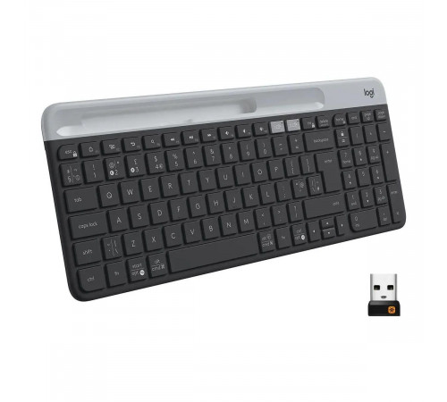Клавиатура Logitech K580 |920-009275| черно-серая, компактная, 101 клавиша, Bluetooth или 2.4 GHz, |920-009275| USB-ресивер (Logitech Unifying®), 2 элемента ААА (086692)