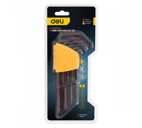 Набор шестигранных ключей "TORX" удлиненных Deli DL230707G 9 шт  S2, размеры T10,T15,T20,T25,T27,T30,T40,T45,T50, пластиковый держатель