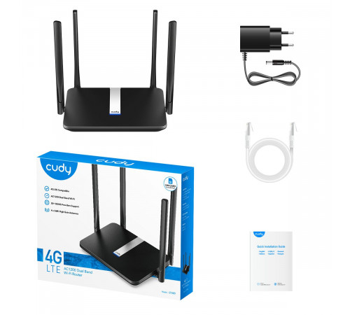 Модем CUDY AC1200 Wi-Fi Mesh 4G LTE Cat4 Router,1200Mbps Wi-Fi, Chipset MediaTek, build-in 4G LTE modem,  300Mbps at 2.4GHz + 867Mbps at 5GHz, 4  antennas, 4 10/100M RJ45 Ports,  Nano SIM Slot, PPTP/L2TP/OpenVPN/WireGuard VPN Client, DNS over Cloudflare/G