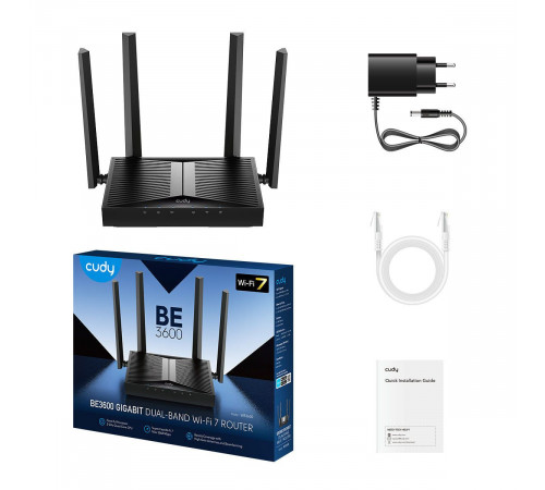 Маршрутизатор CUDY BE3600 Gigabit Wi-Fi 7 Router Dual Band Mesh Router, Chipset Broadcom, 802.11be/ax/ac/a/b/g/n, 2882Mbps at 5GHz + 688Mbps at 2.4GHz, 5 x 10/100/1000Mbps Ports, 4 x 5dBi fixed antennas, WiFi router/AP/ Repeater/WISP Mode, PPTP/L2TP/OpenV