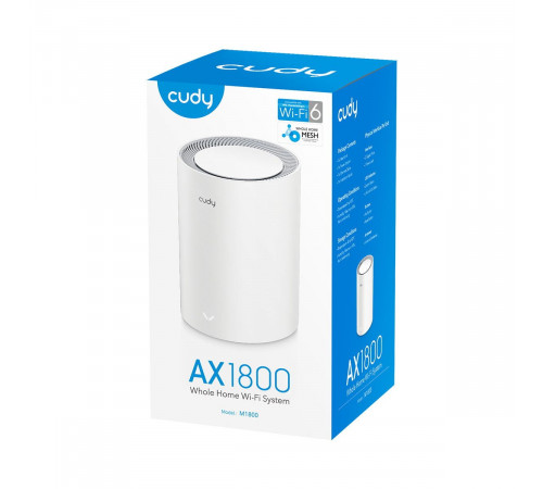 Маршрутизатор CUDY AX1800 Wi-Fi 6 Mesh Solution 1-Pack, Chipset MediaTek, Dual-Band, 802.11ax/ac/a/b/g/n,  1201Mbps at 5GHz + 574Mbps at 2.4GHz, 2 Gigabit Ethernet Ports, 4 internal antennas,  MU-MIMO, DDNS, Zerotier/Wireguard/OpenVPN/IPSec/L2TP/PPTP VPN,