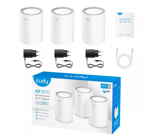 Маршрутизатор CUDY AX1800 Wi-Fi 6 Mesh Solution 3-Pack, Chipset MediaTek, Dual-Band, 802.11ax/ac/a/b/g/n,  1201Mbps at 5GHz + 574Mbps at 2.4GHz, 2 Gigabit Ethernet Ports, 4 internal antennas,  MU-MIMO, DDNS, Zerotier/Wireguard/OpenVPN/IPSec/L2TP/PPTP VPN,