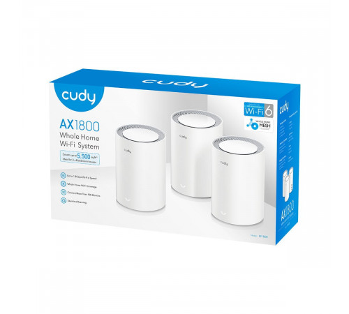 Маршрутизатор CUDY AX1800 Wi-Fi 6 Mesh Solution 3-Pack, Chipset MediaTek, Dual-Band, 802.11ax/ac/a/b/g/n,  1201Mbps at 5GHz + 574Mbps at 2.4GHz, 2 Gigabit Ethernet Ports, 4 internal antennas,  MU-MIMO, DDNS, Zerotier/Wireguard/OpenVPN/IPSec/L2TP/PPTP VPN,