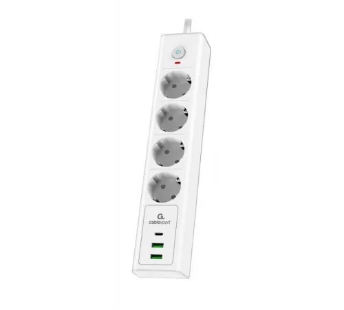 Сетевой фильтр Cablexpert Exnovo EXN-4-CU2-W-2 белый, Макс мощность 2500Вт, 3 розетки 220В, 10А, 2 розетки USB-A 5В, 1 розетка USB-C 30Вт PD