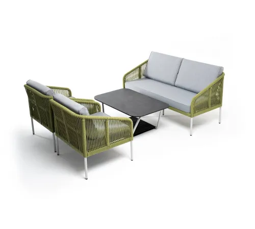 "Канны" лаунж-зона 4-местная из роупа со столом "Глория" (серый гранит), каркас алюминиевый светло-серый, роуп салатовый меланж куп