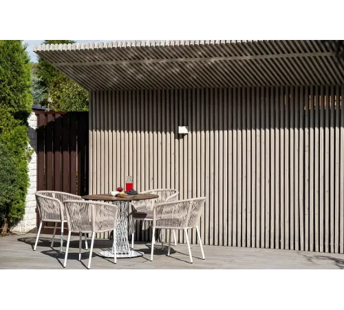 "Марсель" стул плетеный из роупа, каркас алюминий белый шагрень, роуп бежевый круглый, ткань бежевая 035 