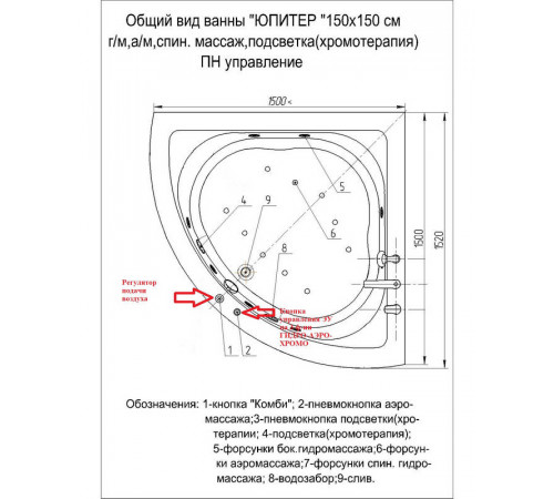 Акриловая ванна Aquatek Юпитер 150x150 угловая, универсальная, с каркасом и экраном, без гидромассажа