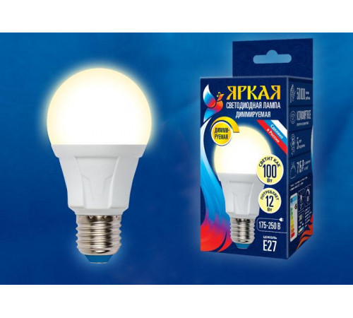 Лампа светодиодная диммируемая (UL-00004289) Uniel E27 12W 4000K матовая LED-A60 12W/4000K/E27/FR/DIM PLP01WH