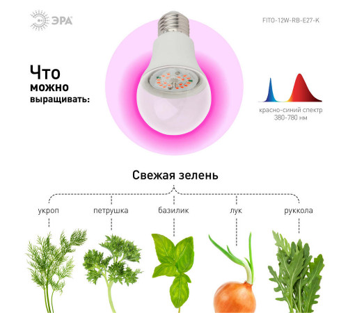 Фитолампа для растений светодиодная ЭРА E27 12W 1310K FITO-12W-RB-E27-K Б0039070