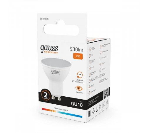 Лампа светодиодная Gauss GU10 7W 3000K матовая 13617