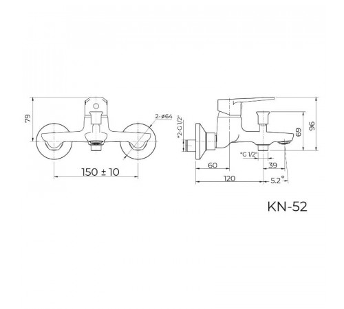 Смеситель для ванны Knotlor KN-52, хром
