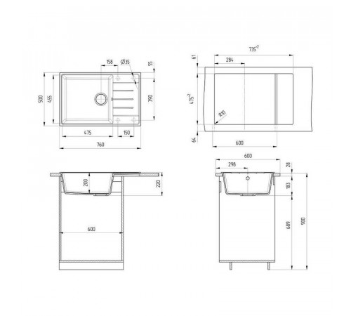 Кухонная мойка Ulgran Quartz Prima 760-05, бетон