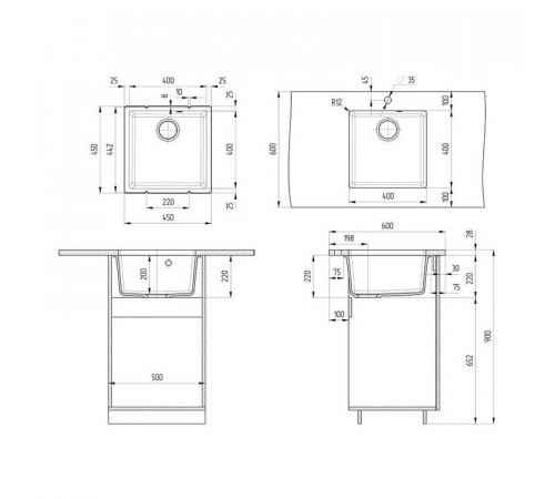 Кухонная мойка Ulgran Quartz Under 400-09, асфальт