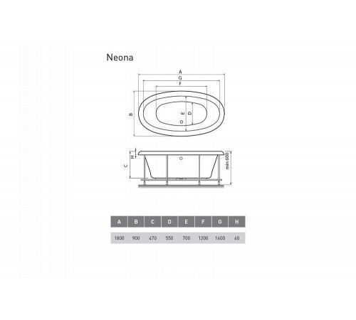 Ванна акриловая отдельностоящая Relisan NEONA Гл000000548, 180x90