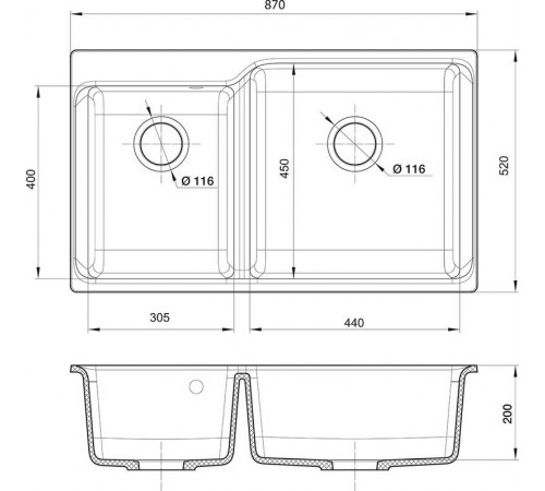RIVELATO Мойка AXEL 90D  2-чаши 870*520мм brina арт.