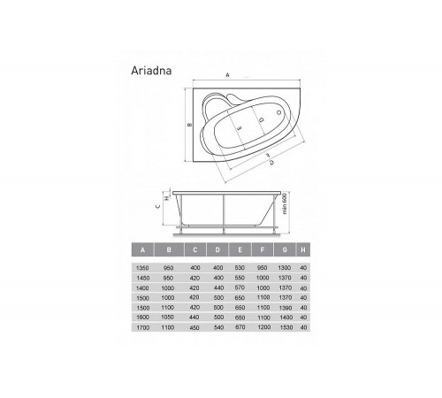 Ванна акриловая левосторонняя Relisan ARIADNA Гл000001460, 135x95