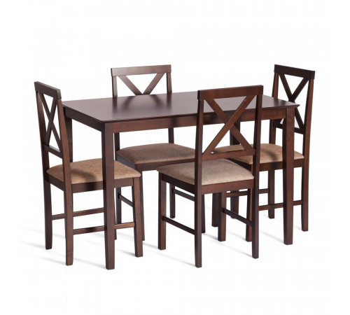 Обеденный комплект Хадсон (стол, 4 стула)/Hudson Dining Set дерево гевея/мдф, стол: 110х70х75см/стул: 44х42х89см, cappuccino (темный орех), ткань кор.-зол. (1
