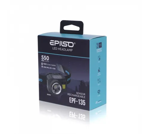 Фонарь EPILSO EPF-135 (налобный, CREE XPG 5W + COB, 1x1200mAh, 5В (USB), пластик, + работа от ААА)  (1/40)  