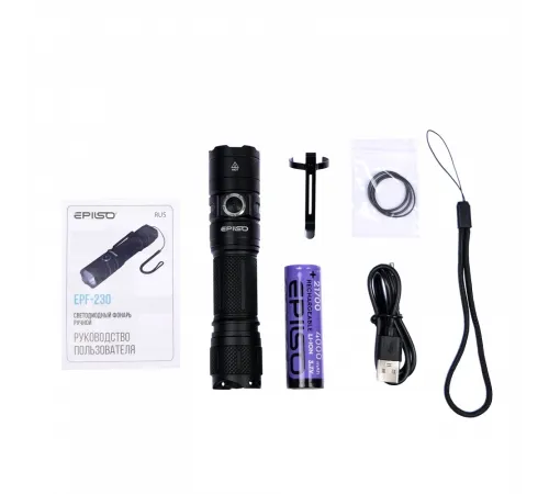 Фонарь EPILSO EPF-230 (карманный, CREE XHP50.2 20W, 3.7V 4.0Ah, 5В (USB), металл, аккум. 21700)  (1/40)  