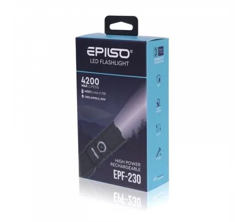 Фонарь EPILSO EPF-230 (карманный, CREE XHP50.2 20W, 3.7V 4.0Ah, 5В (USB), металл, аккум. 21700)  (1/40)  