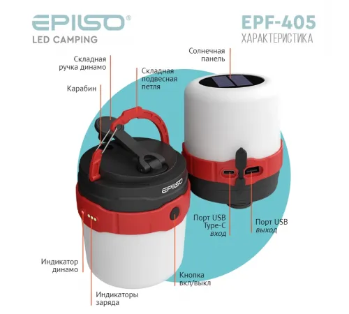 Фонарь EPILSO EPF-405 (кемпинговый, 1LEDx3W+24SMD+4SMD, 3.7V 2.0Ah, 5В (USB), пластик, динамо, солнечн. панель)  (1/40)  