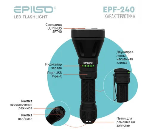 Фонарь EPILSO EPF-240 (карманный, Luminus SFT40, 3.7V 4.0Ah, 5В (USB), металл, аккум. 21700)  (1/40)  