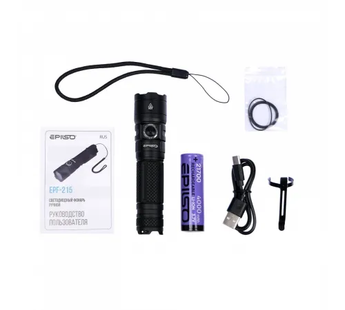 Фонарь EPILSO EPF-215 (карманный, CREE XHP50.2 20W, 3.7V 4.0Ah, 5В (USB), металл, аккум. 21700)  (1/40)  